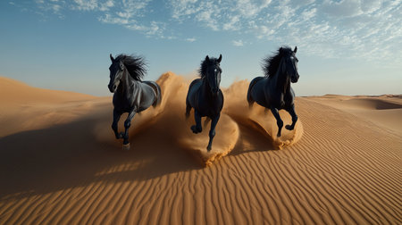 Black stallions gallop across a windswept desert dune, muscles rippling and manes flying, capturing raw strength and wild spiritの素材