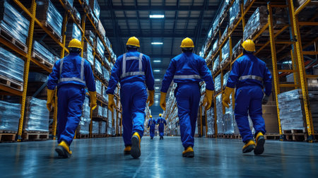 Group of warehouse workers walking side by side under bright lights, dressed in blue coveralls and yellow helmets, showcasing teamworkの素材
