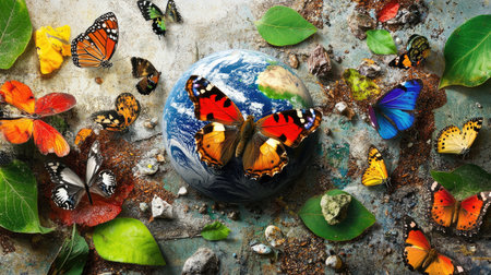 A calming composition of Earth, butterflies, and leaves blending in natural harmonyの素材