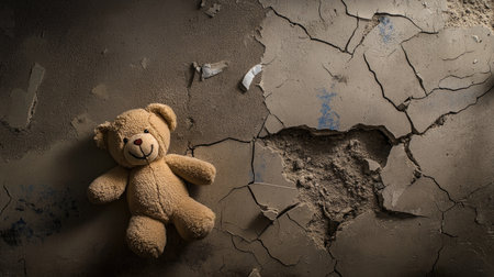 A child teddy lies next to a cracked wall and broken glass, innocence overshadowed by devastationの素材