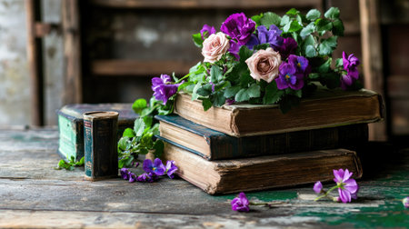 A graceful floral setting with roses and violets on vintage booksの素材