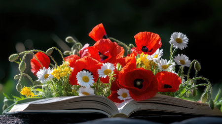 A floral arrangement of poppies and daisies resting on literatureの素材