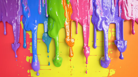 Abstract digital artwork of dripping colorful liquid in rainbow hues on a vibrant backgroundの素材