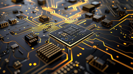 Abstract digital interface with circuit patterns and glowing lines, modern tech themeの素材