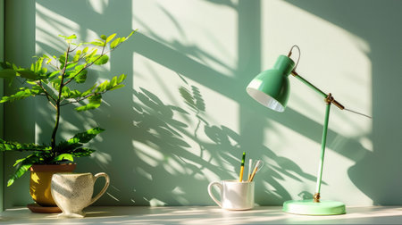 Adjustable lamp in mint green standing on clean surface in home office setupの素材
