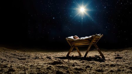 Wooden cradle holding baby Jesus under bright star, nativity stillness in deep nightの素材