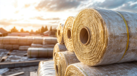 Fiberglass insulation rolls stacked in a construction site, designed for thermal efficiency and soundproofing, ideal for building and home insulation conceptsの素材