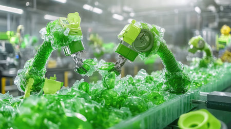 Zero-emission robotic arms mold recycled plastic into new eco-products on a green production lineの素材