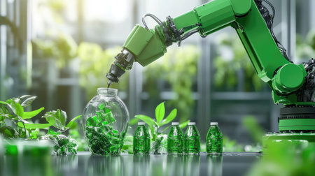 Zero-emission robotic arms mold recycled plastic into new eco-products on a green production lineの素材