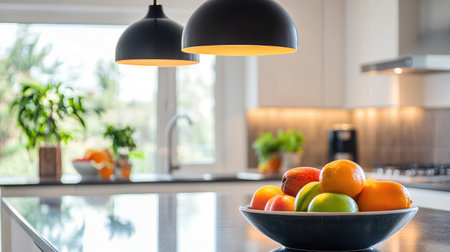 Elegant pendant lights illuminate a vibrant modern kitchen, with a bowl of fresh fruits in the foreground, creating a harmonious blend of style and practicality in a bright interiorの素材