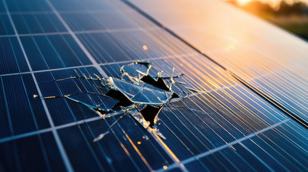 Close-up shot of shattered glass on a solar panel, highlighting the damage, repair needs, and vulnerabilities in renewable energy technology, symbolizing the impact of wear and tearの素材
