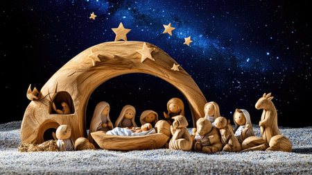 Wooden nativity with figurines depicting the holy birth under dark blue sky and starsの素材