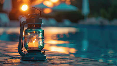 Teal glass lantern glowing with candlelight, placed beside a calm pool at sunset with warm tones and reflectionsの素材
