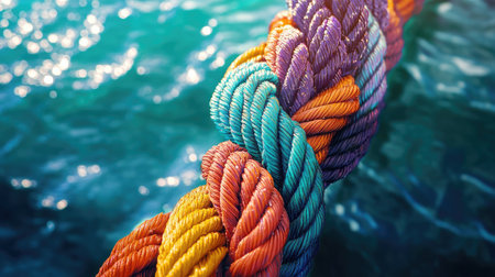 A mesmerizing close-up of colorful, intricately woven cables and ropes, set against a shimmering turquoise sea, creating an abstract, textured sceneの素材