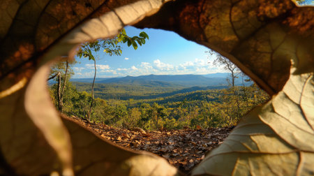 Leafy lens: dried leaf used as frame to showcase scenic wilderness viewの素材