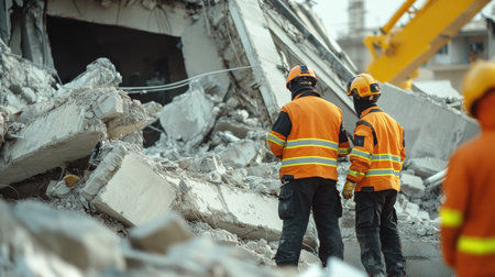 Rescue workers examine a collapsed concrete structure after a disaster, symbolizing the critical work of first responders in disaster management and recoveryの素材