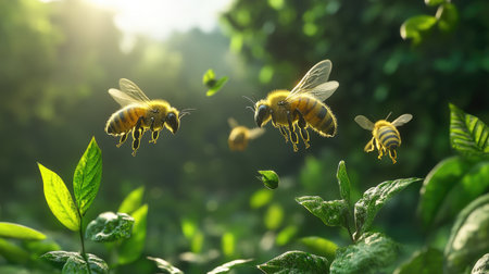 Bees in mid-air motion with green plants softly blurred in the backgroundの素材