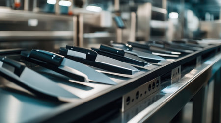 Sharp kitchen knives with sleek black handles moving along a conveyor belt in a factory, highlighting the precision and craftsmanship in the manufacturing processの素材