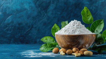 Rustic wooden bowl filled with flour, surrounded by nuts and green leaves on blueの素材