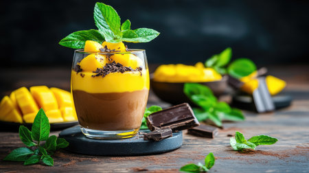 Elegant panna cotta served in glass with mango and chocolate toppingの素材