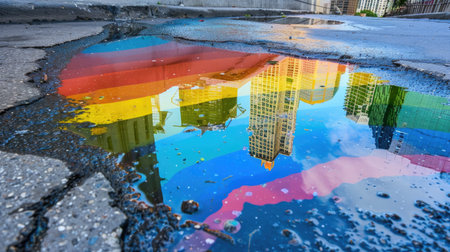 Sunset reflection of rainbow street mural in a puddle, artistic urban sceneの素材