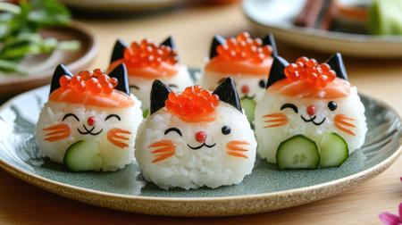 A plate of cat-shaped sushi made with rice, salmon, cucumber, and nori seaweed, decorated with red caviar and pickled ginger, perfect for fun and creative meal presentationsの素材
