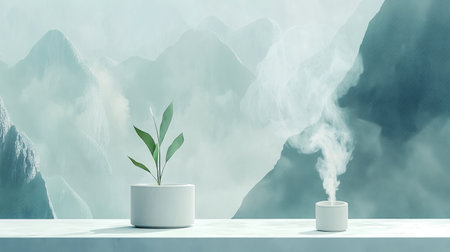 A peaceful scene with aromatic smoke rising from a white container, accompanied by a potted plant, set against a backdrop of towering mountains, offering a serene and relaxing atmosphereの素材