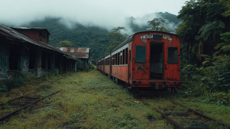 An abandoned vintage train rusts in the historic Paranapiacaba village, showcasing English architecture amidst overgrown greenery and nostalgiaの素材