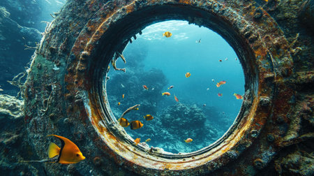 A sunken ship's porthole viewed from underwater, with fish swimming past, capturing a sense of mystery and depth in a submerged worldの素材