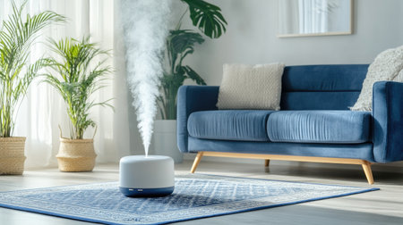 A modern air diffuser emits gentle steam, placed on a rug in a cozy room with a blue couch and a plant, creating a warm and inviting atmosphere for a comfortable living spaceの素材
