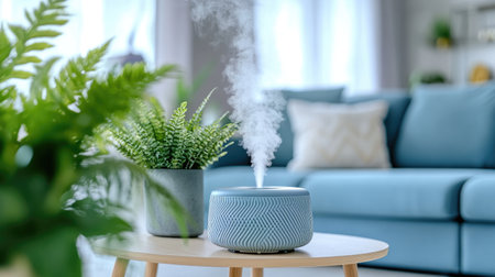 A stylish air diffuser releasing soothing steam in a cozy, bright room with a blue couch and greenery, enhancing the tranquil ambiance of the modern interior designの素材