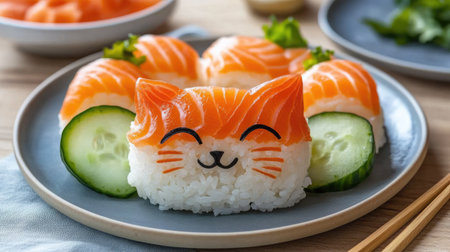 Decorative sushi resembling a cat face, with salmon, cucumber, nori, and rice, arranged beautifully on a plate, adding a playful twist to a traditional dishの素材