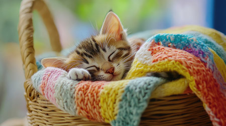 A sleepy kitten curled up inside a wicker basket with a soft knitted blanketの素材