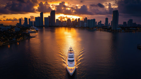 Miami iconic skyline glows at dusk as a sleek white yacht glides through calm waters, blending urban energy with coastal tranquilityの素材