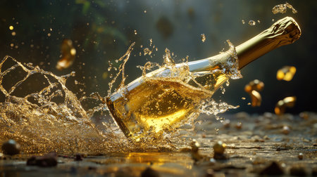 Champagne bursts dramatically from an uncorked bottle, creating an elegant splash of golden liquid and bubbles, symbolizing festivity and joyの素材