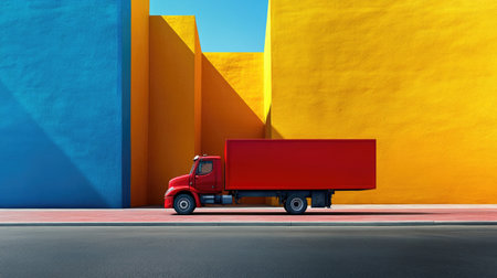 A striking red truck dominates the frame, set against a minimal, contrasting backdrop, embodying movement, delivery, and logistics efficiencyの素材