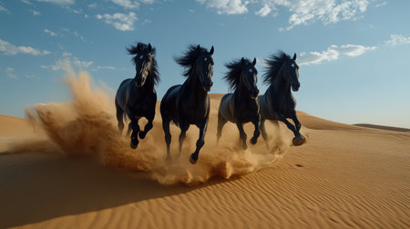 Black stallions gallop across a windswept desert dune, muscles rippling and manes flying, capturing raw strength and wild spiritの素材
