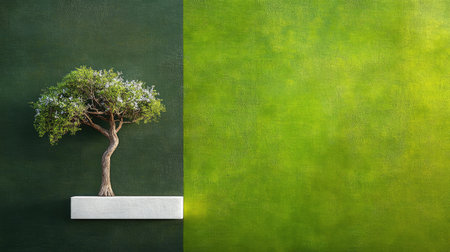 A stylized tree with a white crown and brown trunk stands boldly against a vibrant green rectangle, blending natural and geometric artistic elementsの素材