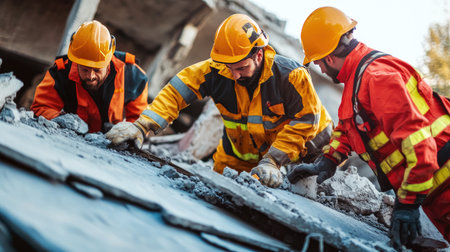 Rescue workers assess a collapsed concrete structure after a disaster, showcasing teamwork and the urgency of recovery operations in a crisis situationの素材