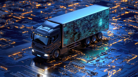 A sleek delivery truck speeds across a futuristic circuit board background, blending technology, transport, and efficiency in a dynamic imageの素材
