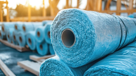 Fiberglass insulation rolls stacked in a construction site, designed for thermal efficiency and soundproofing, ideal for building and home insulation conceptsの素材