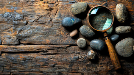 Close-up of a magnifying glass on aged wood, encircled by enigmatic dark stones, evoking detective work and hidden cluesの素材