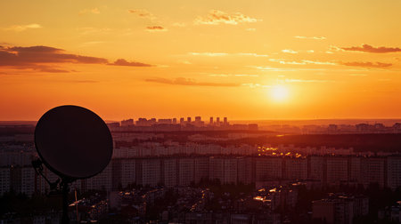 Satellite dish silhouetted against a golden sunset over an urban cityscape, with rows of residential buildings stretching into the distance, creating a nostalgic and urban aestheticの素材