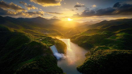 A wide view of a hydroelectric dam at sunset, cascading water illuminated by warm twilight, representing renewable power and environmental innovationの素材