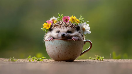 A tiny hedgehog curled up in a teacup with a miniature flower crown on its headの素材