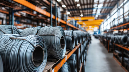 Shiny metal wire coils neatly stored in a warehouse, capturing the industrial environment and showcasing precision and organization in wire manufacturingの素材