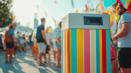 Solar-powered waste bin in a busy festival setting, featuring a colorful striped design and a crowd in the background, promoting sustainability in urban eventsの素材