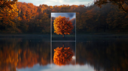 An abstract autumn scene with vibrant orange and red trees reflected in a geometric shape floating above a serene lake, blending nature and modern artの素材