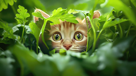 Adorable kitten playfully hiding among green leaves, its little face peeking out with a sense of discovery and youthful joyの素材