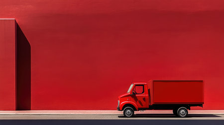 A striking red truck dominates the frame, set against a minimal, contrasting backdrop, embodying movement, delivery, and logistics efficiencyの素材
